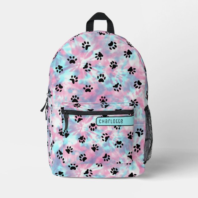 Pastel Powder Pink Aqua Shibori Paw Pattern Cute Printed Backpack (Front)