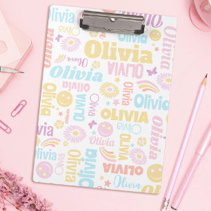 Pastel preppy smilie faces star custom name Olivia Clipboard