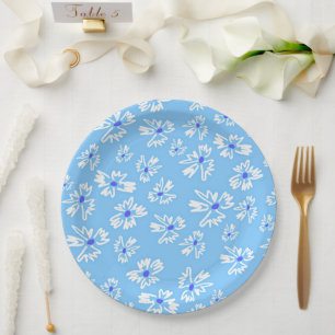 Pastel Pretty Blue and White Flowers Paper Plate