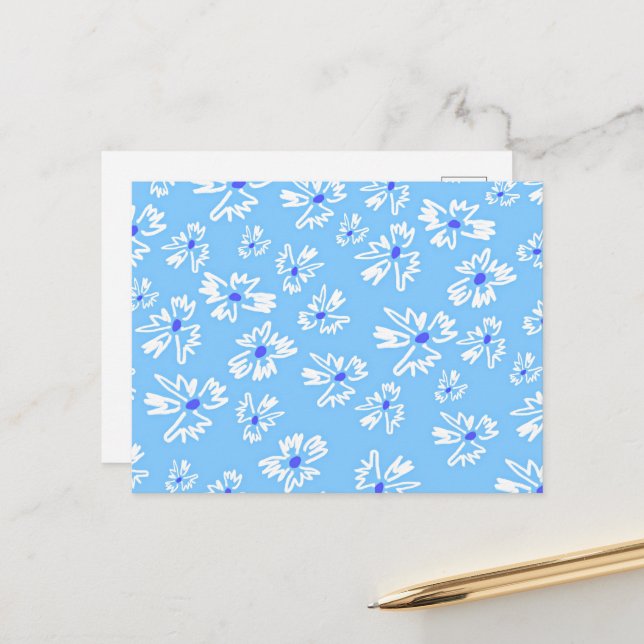 Pastel Pretty Blue and White Flowers Postcard (Front/Back In Situ)