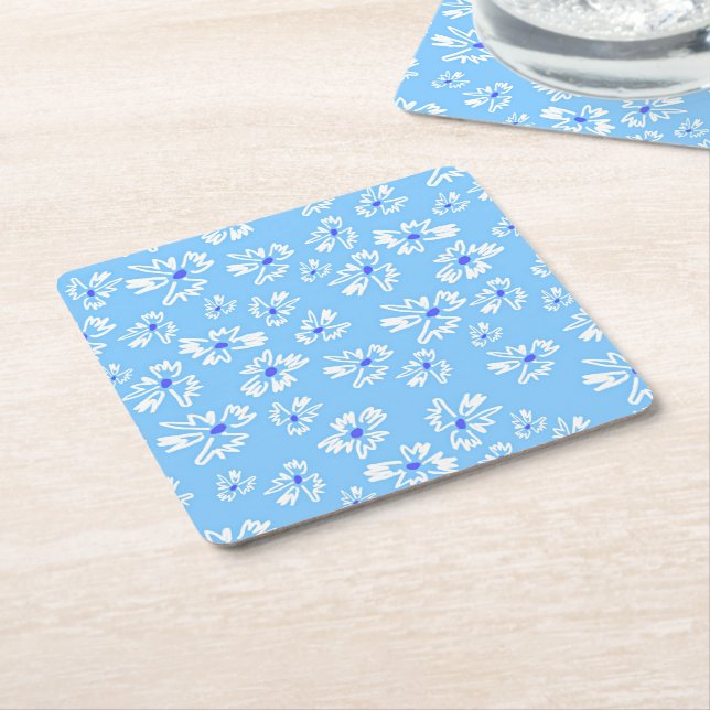 Pastel Pretty Blue and White Flowers Square Paper Coaster (Angled)