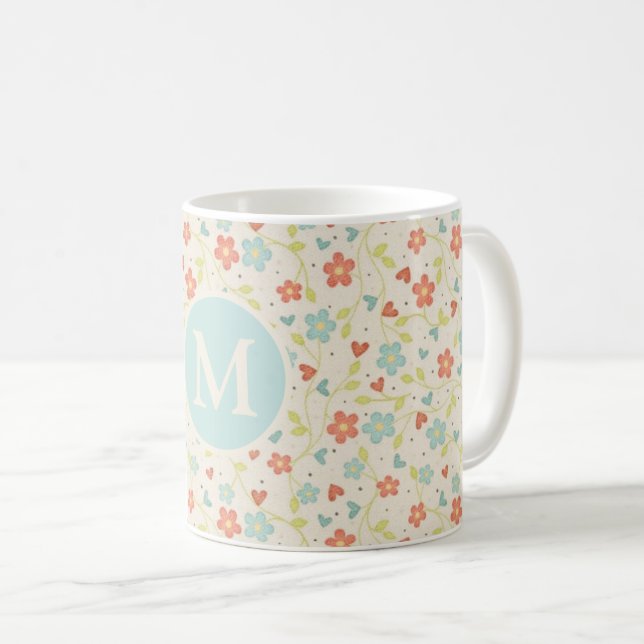 Pastel Pretty Spring Floral Pattern Monogram Coffee Mug (Front Right)