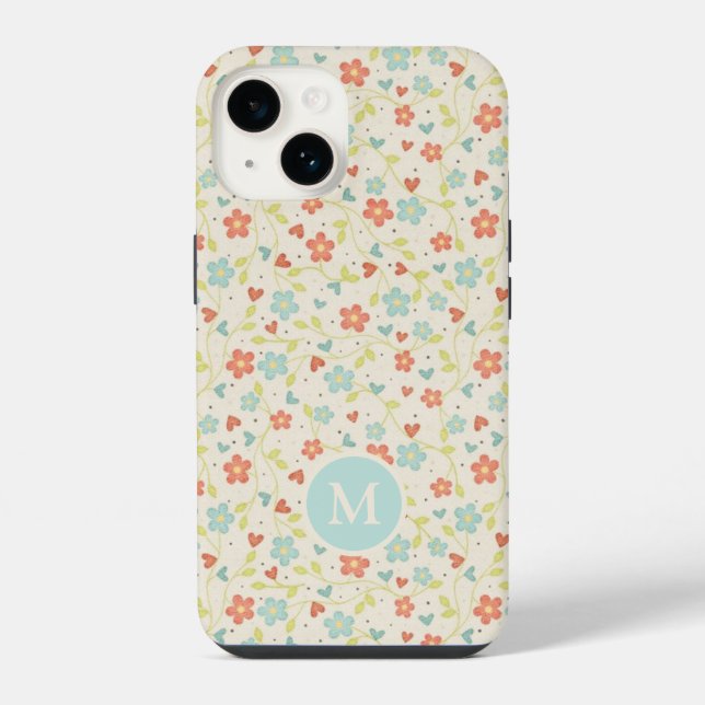 Pastel Pretty Spring Floral Pattern Monogram iPhone Case (Back)