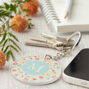 Pastel Pretty Spring Floral Pattern Monogram Key Ring