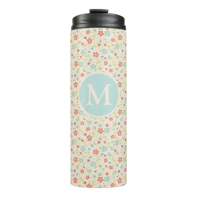 Pastel Pretty Spring Floral Pattern Monogram Thermal Tumbler (Front)