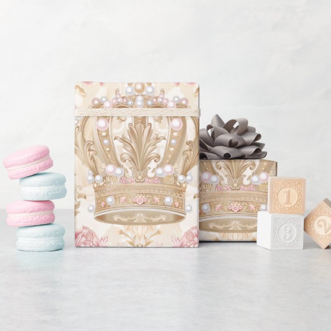 Pastel Princess Crowns Damask Pearls Wrapping Paper (Baby Shower)
