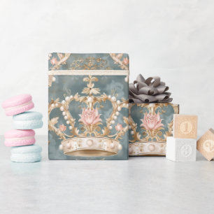 Pastel Princess Crowns Damask Pearls Wrapping Paper