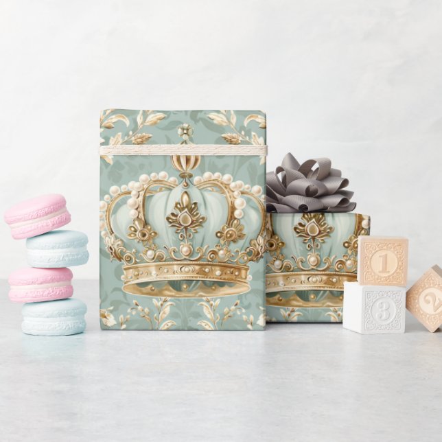 Pastel Princess Crowns Damask Pearls Wrapping Paper (Baby Shower)
