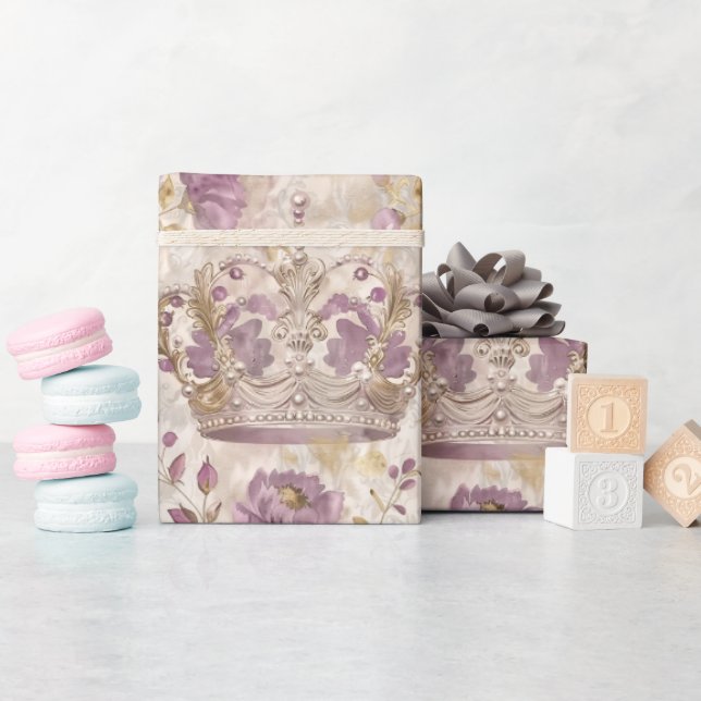 Pastel Princess Crowns Damask Pearls Wrapping Paper (Baby Shower)