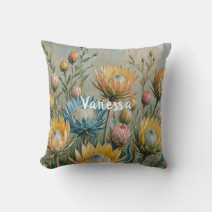 Pastel Protea Dream: Elegant Floral Cushion