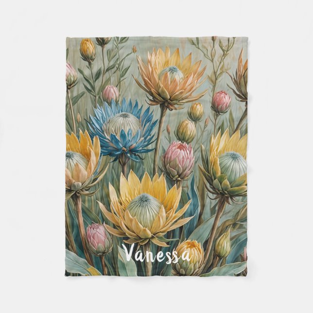 Pastel Protea Dream: Elegant Floral Fleece Blanket (Front)