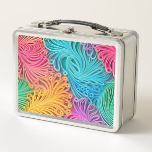 Pastel Psychedelic Neon Abstract Quill Design Metal Lunch Box