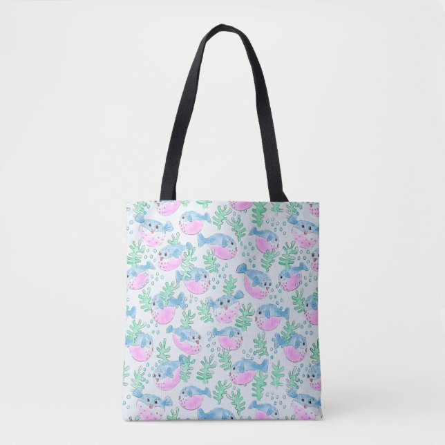 Pastel Puffer Fish Underwater Pattern Tote Bag (Front)