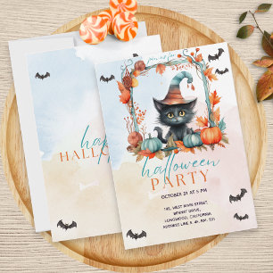 Pastel Pumpkin Patch Black Cat Halloween Party Invitation