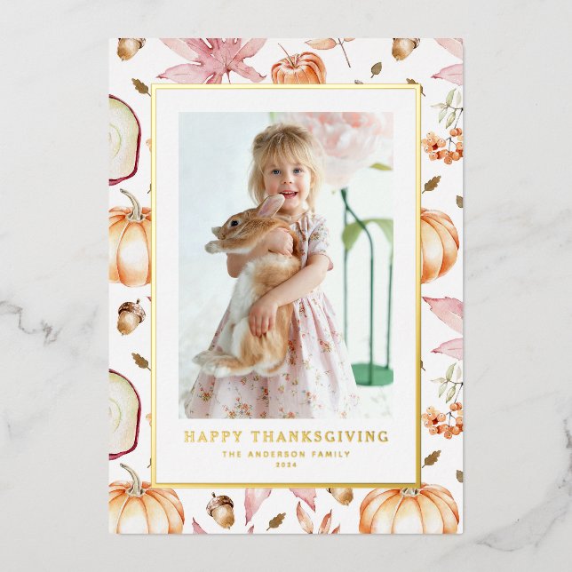 Pastel Pumpkins and Apples Thanksgiving Photo Foil Holiday Card (Front)