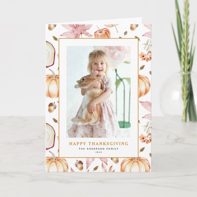 Pastel Pumpkins and Apples Thanksgiving Photo Holiday Card (Front)