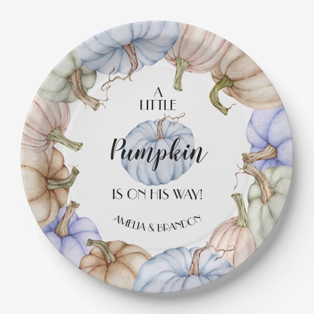 Pastel Pumpkins Boy Baby Shower Paper Plate (Front)