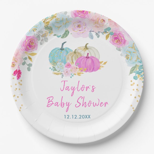 Pastel Pumpkins Floral Baby Shower Paper Plate (Front)