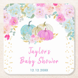 Pastel Pumpkins Floral Baby Shower Square Paper Coaster