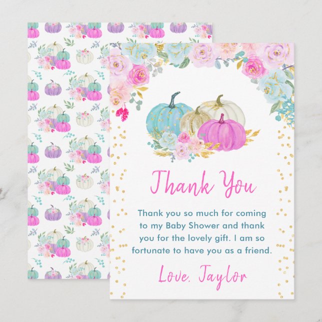 Pastel Pumpkins Floral Baby Shower Thank You Card (Front/Back)