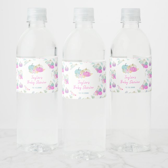 Pastel Pumpkins Floral Baby Shower Water Bottle Label (Bottles)