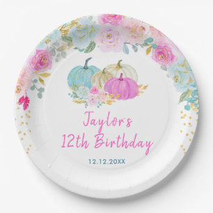 Pastel Pumpkins Floral Birthday Party Paper Plate