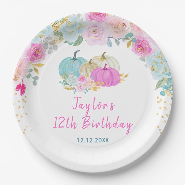 Pastel Pumpkins Floral Birthday Party Paper Plate (Front)