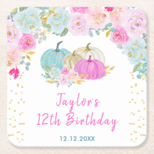 Pastel Pumpkins Floral Birthday Party Square Paper Coaster