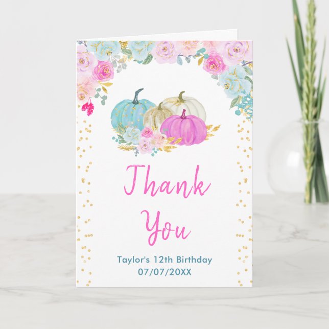 Pastel Pumpkins Floral Birthday Party Thank You Card (Front)