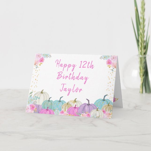 Pastel Pumpkins Floral Happy Birthday Card (Front)