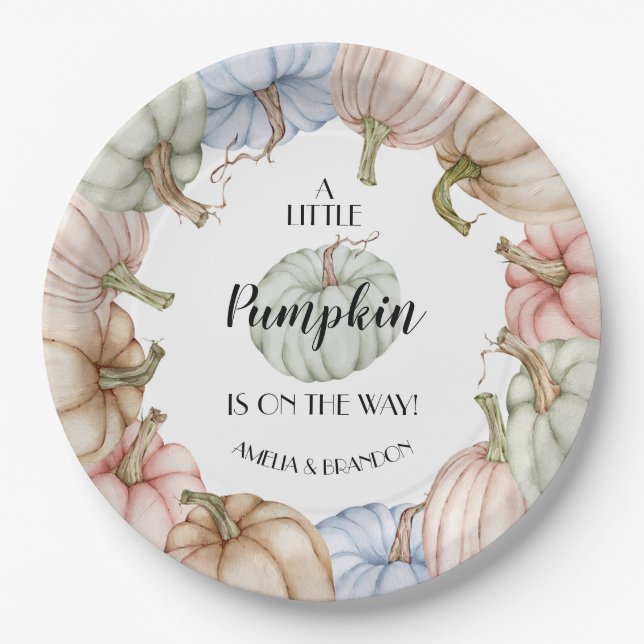 Pastel Pumpkins Gender Neutral Baby Shower Paper Plate (Front)