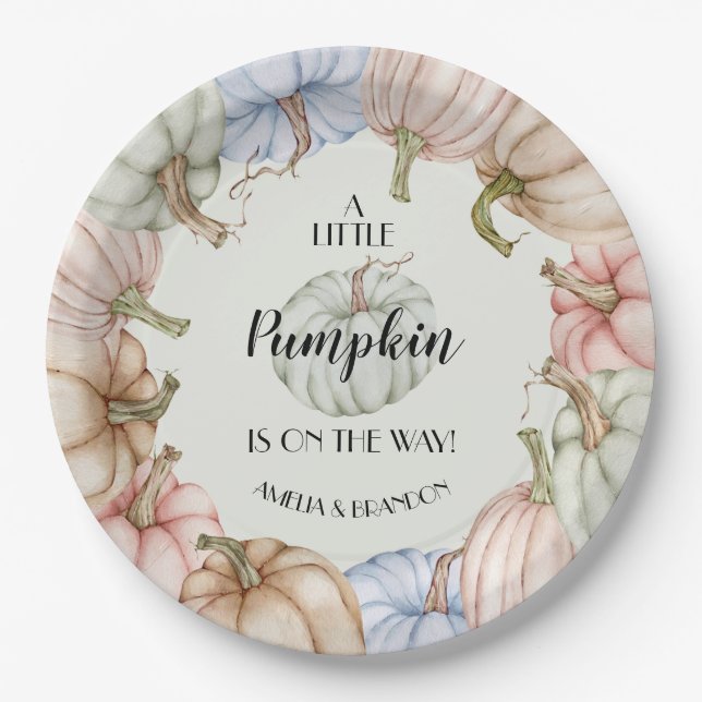 Pastel Pumpkins Gender Neutral Baby Shower Paper Plate (Front)