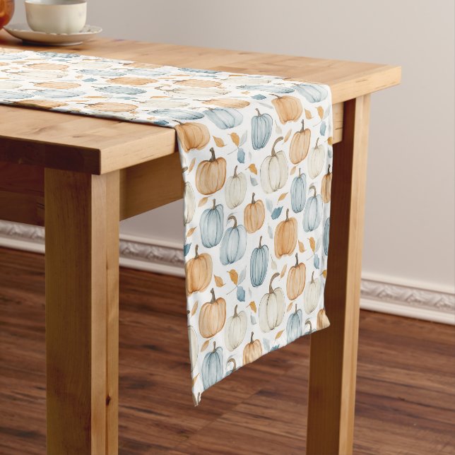 Pastel Pumpkins in Blue, Cream and Orange Long Table Runner (In Situ)