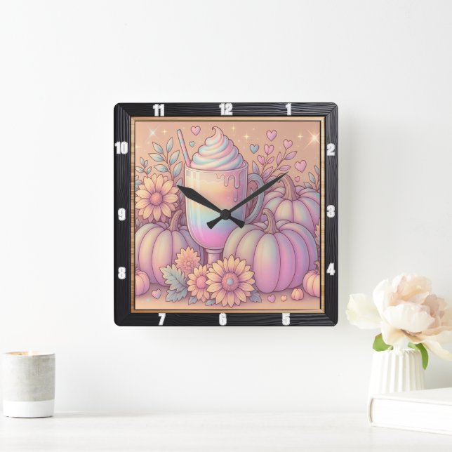 Pastel Pumpkins Rainbow Drink Square Wall Clock (Home)