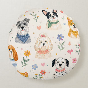 Pastel Puppy Seamless Pattern Hand-Painted Dog Round Cushion