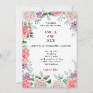  pastel purple and pink flowers in a wedding  invitation
