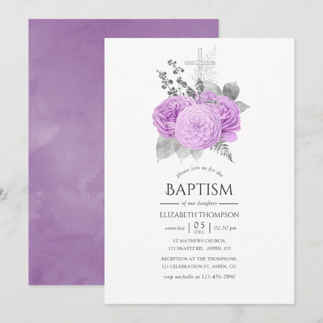 Pastel Purple and Silver Vintage Rose Baptism Invitation (Front/Back)