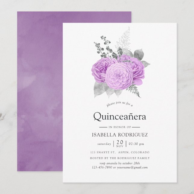 Pastel Purple and Silver Vintage Rose Quinceañera Invitation (Front/Back)