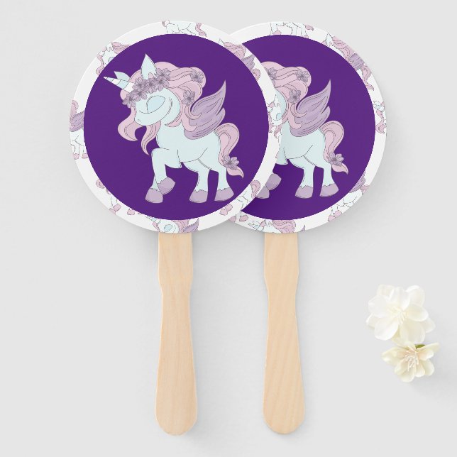Pastel Purple and White Unicorns    Hand Fan (Front and Back)
