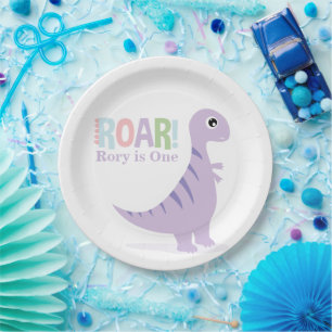 Pastel Purple Baby Dinosaurs Roar Birthday Party Paper Plate