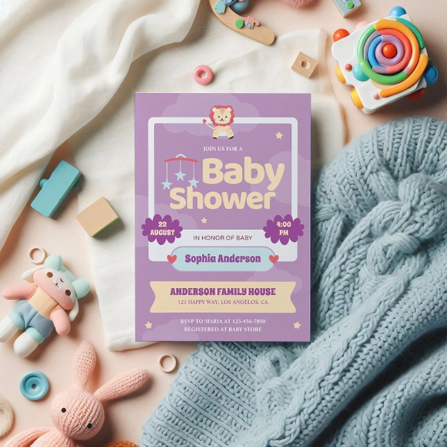 Pastel Purple Baby Shower Invitation – Cute Lion  (Creator Uploaded)