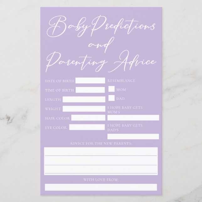Pastel Purple Baby Shower Predictions Advice Card (Front)