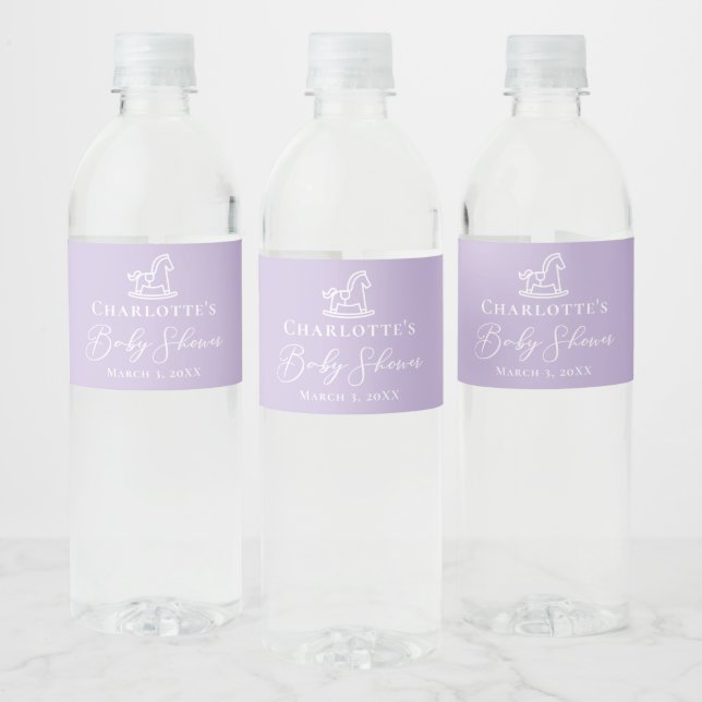 Pastel Purple Baby Shower Rocking Horse Custom Water Bottle Label (Bottles)
