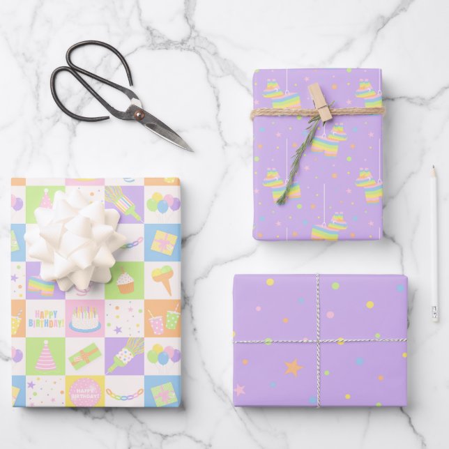 Pastel Purple Birthday Pattern Set Wrapping Paper Sheet (Front)