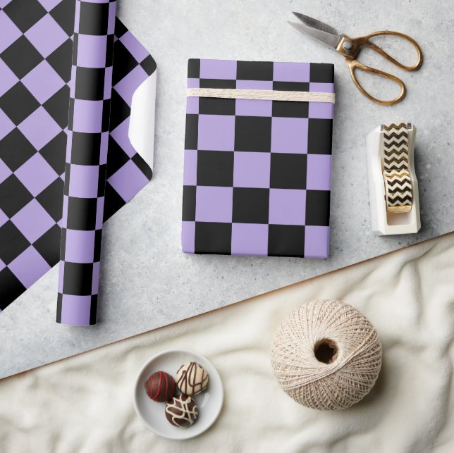 Pastel Purple Black Chequered Chequerboard Vintage Wrapping Paper (Crafts)