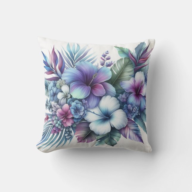 Pastel Purple Blue Flowers Hawaiian Hibiscus  Cushion (Front)