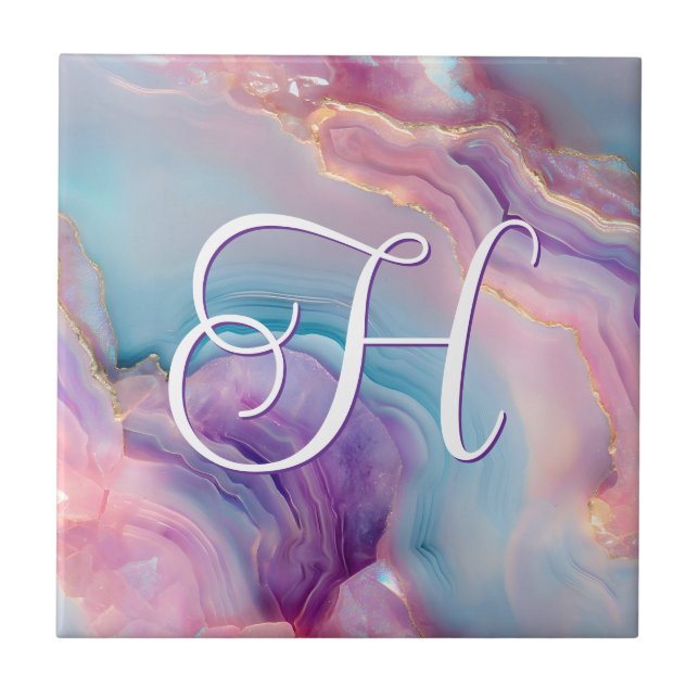 Pastel Purple Blue Pink Agate Monogram Tile (Front)