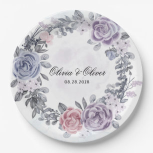 Pastel Purple Blue Pink Floral Wreath Wedding  Paper Plate