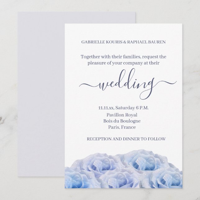 Pastel Purple Blue Roses Elegant Floral Wedding Invitation (Front/Back)