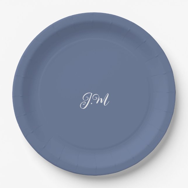 Pastel purple blue solid colour trendy initial nam paper plate (Front)